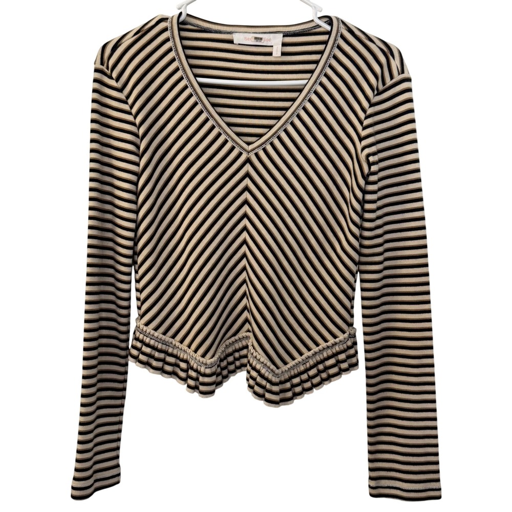 See By Chloe Striped V-Neck Ruffle Hem Long Sleeve Top Beige Black Small